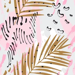 Papier Peint photo Lavable Impressions graphiques Illustration d& 39 art moderne avec des feuilles tropicales, grunge, textures marbrées, griffonnages, éléments géométriques et minimaux.