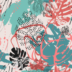 Cool abstract background. Modern illustration with tropical leaves, grunge, marbling textures, rough brush strokes, doodles, minimal elements. Creative seamless pattern with hand drawn shapes