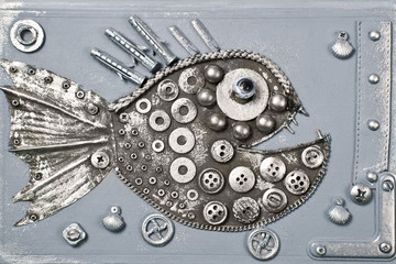 Steampunk style fish piranha. Mechanical animal photo cover book.