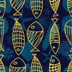 Printed roller blinds Gold fish Cute line fish. Vector seamless pattern.