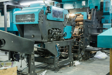 Vinnytsia, Ukraine – december 28, 2017: Press printing machine in poligraphy. Mass printing of newspapers.