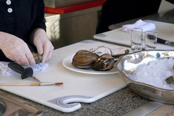 Obraz na płótnie Canvas cook prepares seafood, oysters, shells