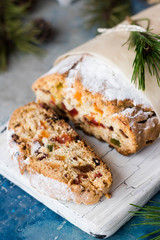 Traditional Christmas stollen with dried fruit and candied fruits
