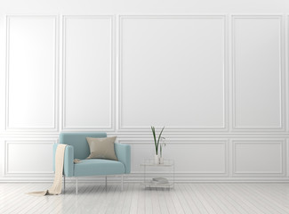 Modern living room with armchair. Scandinavian style interior design. 3D illustration.
