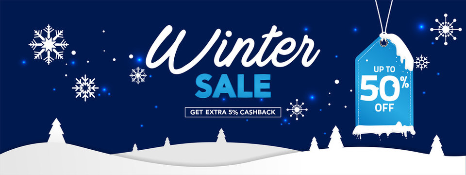 Winter sale banner template with snow flakes, ice snow shopping sale. end of winter Vector illustration