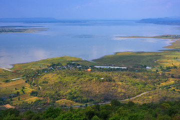 Landscape of village and lake from the top view on mountain