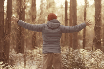 tourist view from the back / a man with a backpack goes through the winter forest, view of the outgoing