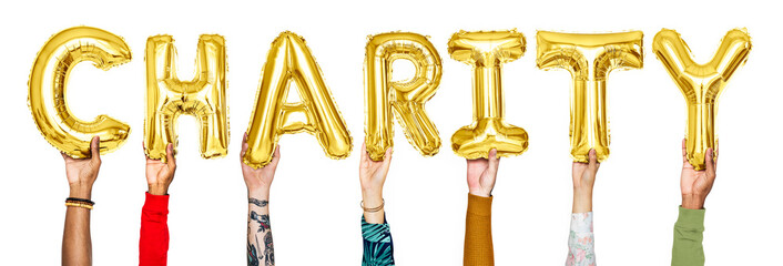 Yellow gold balloons forming the word charity