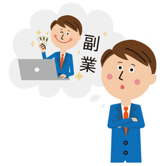 ポップな青いスーツのサラリーマン 副業を考える