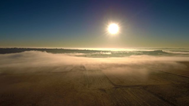 Drone flight over the field at foggy morning. FullHD 1080p.