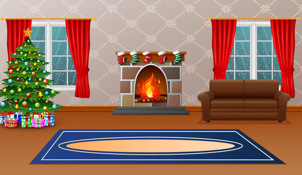 Christmas living room with fireplace, armchair, tree and presents