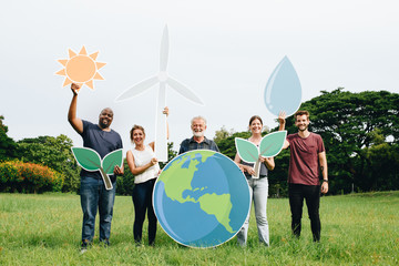 Cheerful people with energy conservation icons