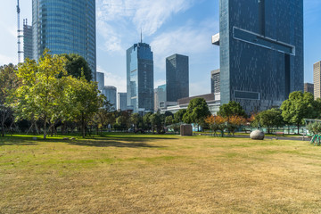 Obraz premium cityscape and skyline of shanghai from meadow in park.