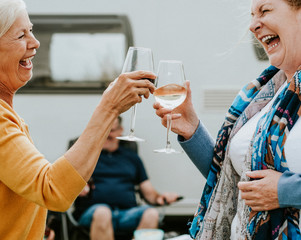 Happy seniors clinking their glasses together