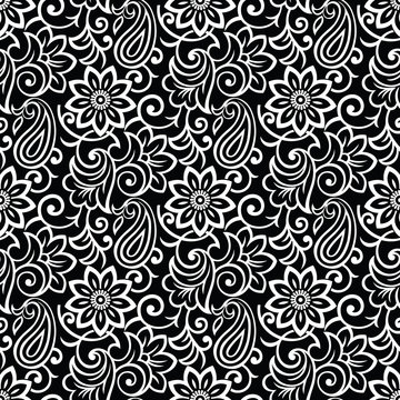 Seamless black and white vintage floral pattern with paisley