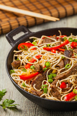 Chinese pasta with beef. Prepared in wok.