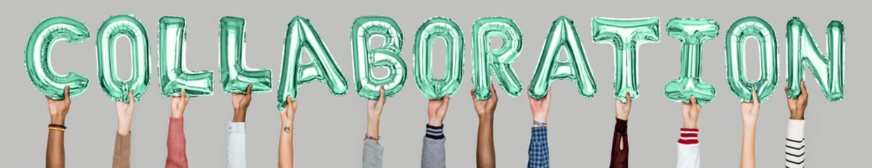 Hands holding collaboration word in balloon letters