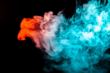 A multi-colored pattern of green and red smoke of a mystical shape in the form of a face and a ghost's head or a strange creature on a black isolated background. Abstract pattern in of waves and steam