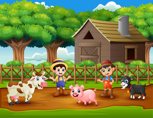 Obraz na płótnie Canvas Young farmers activities with animals on farm