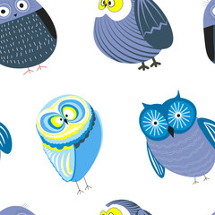 Fototapeta premium Owls cartoon kid funny characters with feather ornament seamless pattern.