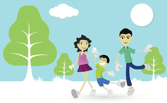 Fun of family trip to nature concept. Parents and children walk happily in the winter.