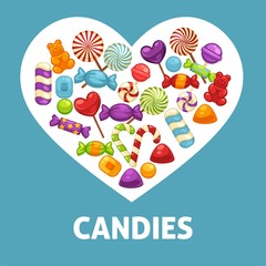 Candies and caramel sweets poster for confectionery or candy shop.