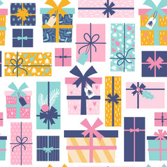 Seamless pattern with Christmas present boxes. Vector illustrations