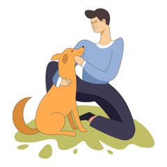 Male sitting with domestic animal dog pet and owner