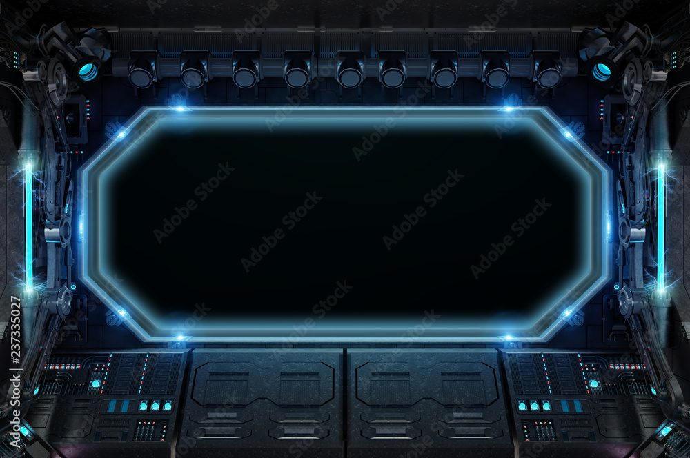 Poster dark spaceship interior with large window view 3d rendering