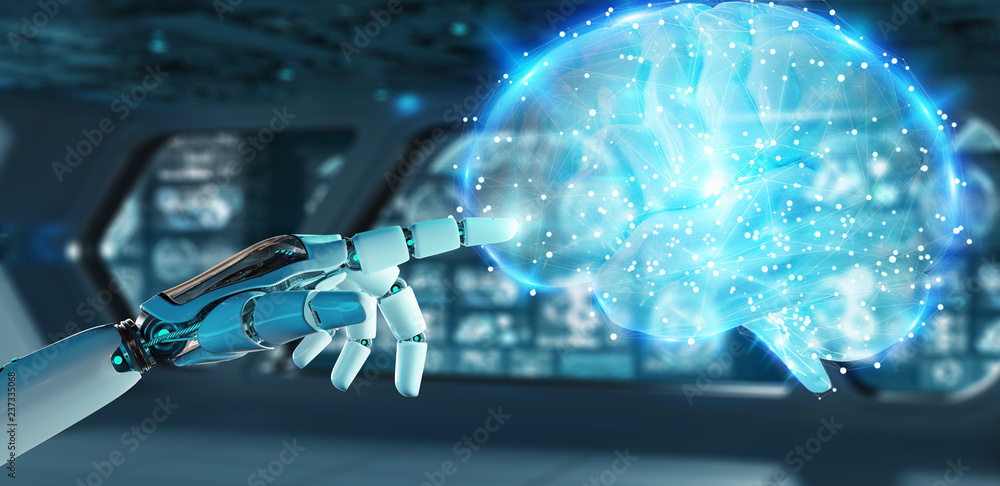 Poster white man humanoid creating artificial intelligence 3d rendering