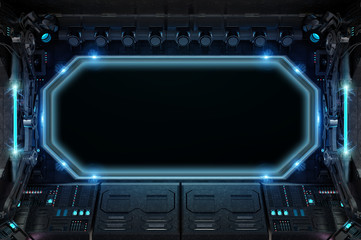 Dark spaceship interior with large window view 3D rendering © sdecoret