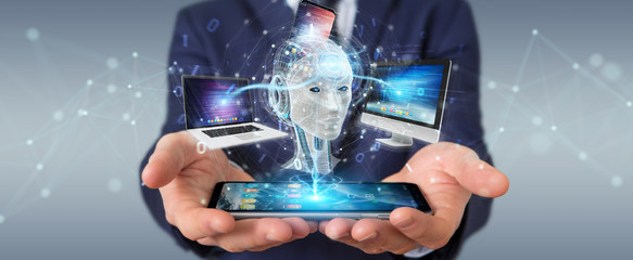 Businessman using white humanoid controlling modern devices 3D rendering