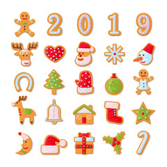 Set of christmas cookies. Set of different gingerbread cookies for christmas. New Year gingerbread in the form of Christmas characters. Different new year characters. Homemade baking. Bakery products.