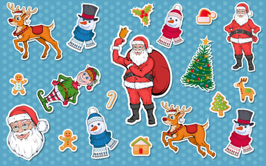 Christmas sticker. Set of different sticker for christmas. New Year. Different new year characters. Colorful cartoon sticker. New Year characters of Christmas sticker. Christmas design element.
