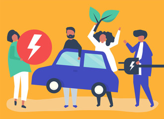 Group of people with an electric car