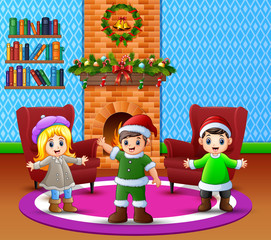 Obraz na płótnie Canvas Cartoon of happy kids in the living room with christmas and new year decoration