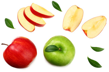 green and red apples with slices isolated on white background. top view