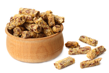 Granola breakfast in wooden bowl isolated on white background. muesli. healthy food. fitness food.