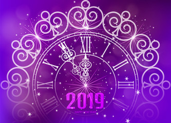 Happy New Year 2019 purple watch elegant glitter card blue fireworks glowing fire blurred blue purple background. Poster, greeting card, banner invitation. Vector illustration EPS10
