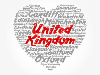 List of cities and towns in the United Kingdom composed in love sign heart shape, word cloud collage, business and travel concept background