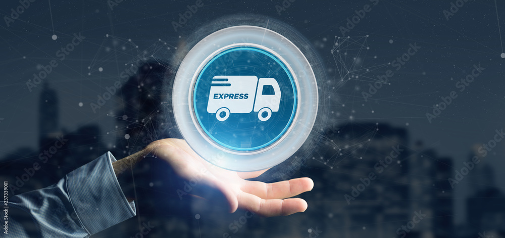 Poster businessman holding a fast delivery button with connection 3d rendering