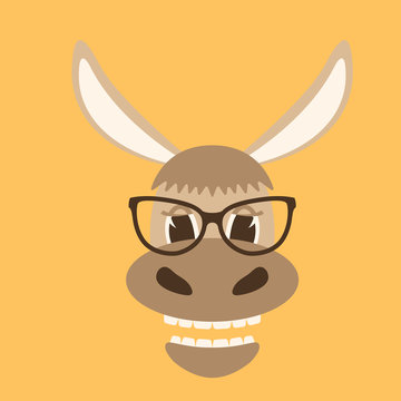 donkey face in glasses, vector illustration front