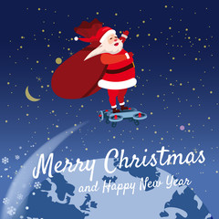 Santa Claus on a hoverboard flies with a bag of gifts around the Earth. Congratulations on a Merry Christmas and Happy New Year. Vector, banner, poster, greeting card, illustration, isolated