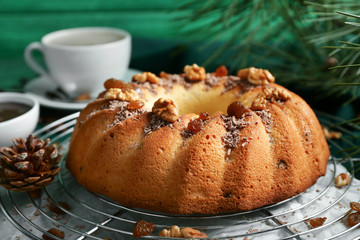Delicious Christmas cake on cooling rack