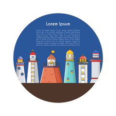 Vector cartoon line modern flat lighthouses background