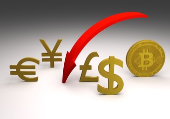 euro ,dollar, yen, money against bicoin