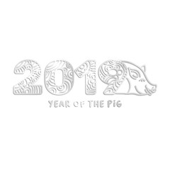2019 silver laser cut ornate numbers and piggy face vector illustration. Year of the Pig handwritten red lettering. Decorative paper cut clipart with wavy pattern. Piggy Sign Greeting card