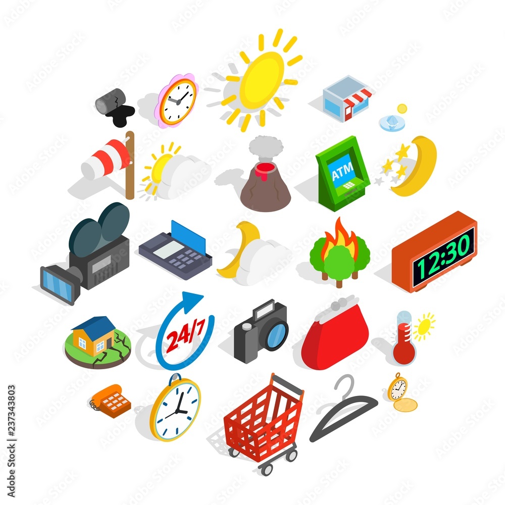 Poster right time icons set. isometric set of 25 right time vector icons for web isolated on white backgrou