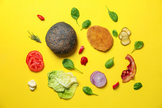 Ingredients For Burger On Color Background, Flat Lay