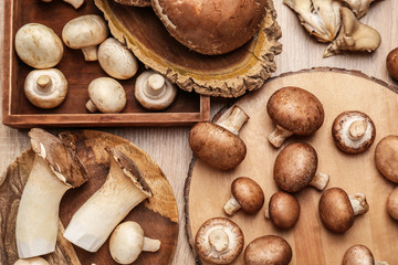 Fototapeta premium Variety of fresh raw mushrooms on wooden table